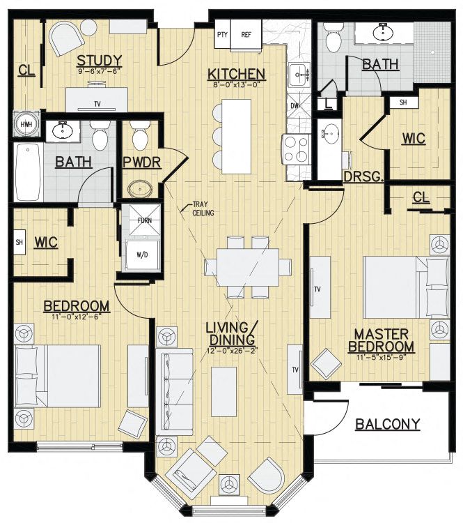 Floor plan for 2 beds, 2.5 baths, 1265 sqft